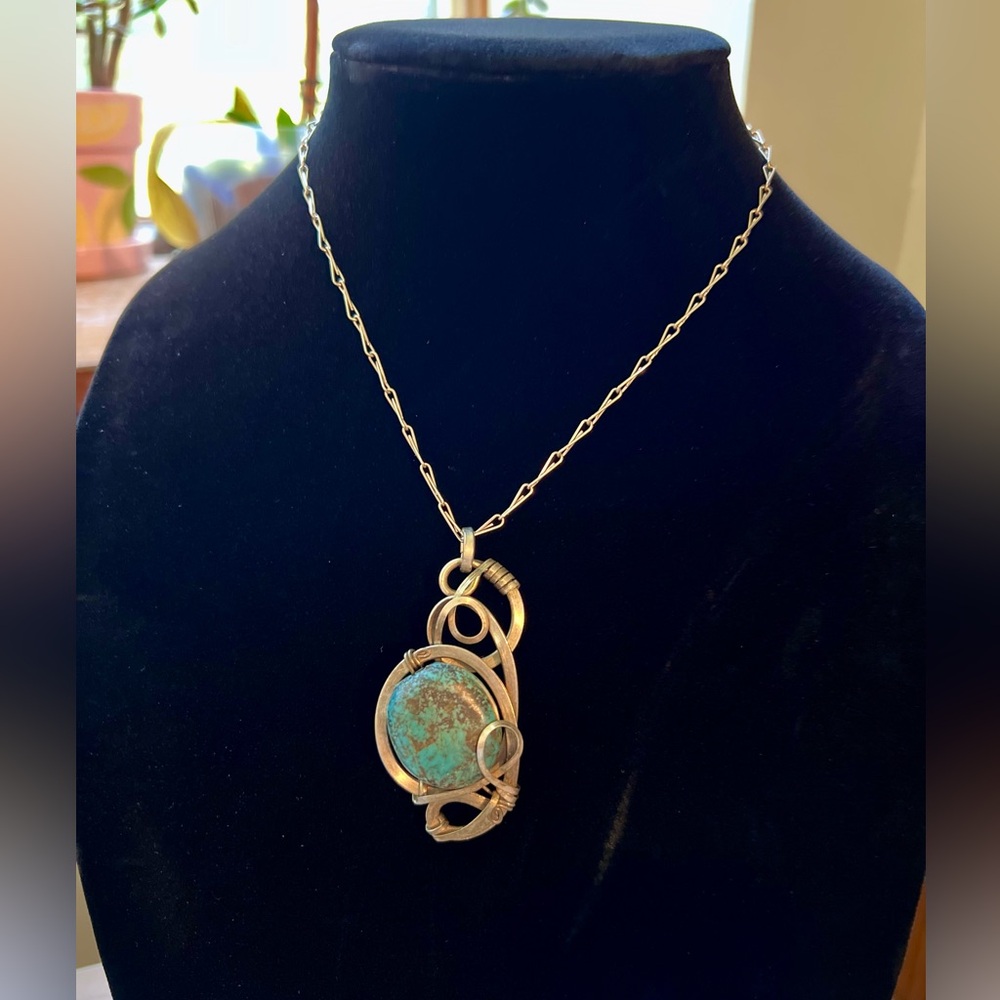 Artistic Wire Wrapped Stone Pendant Necklace - Silver & Turquoise Colored - Picture 2 of 12